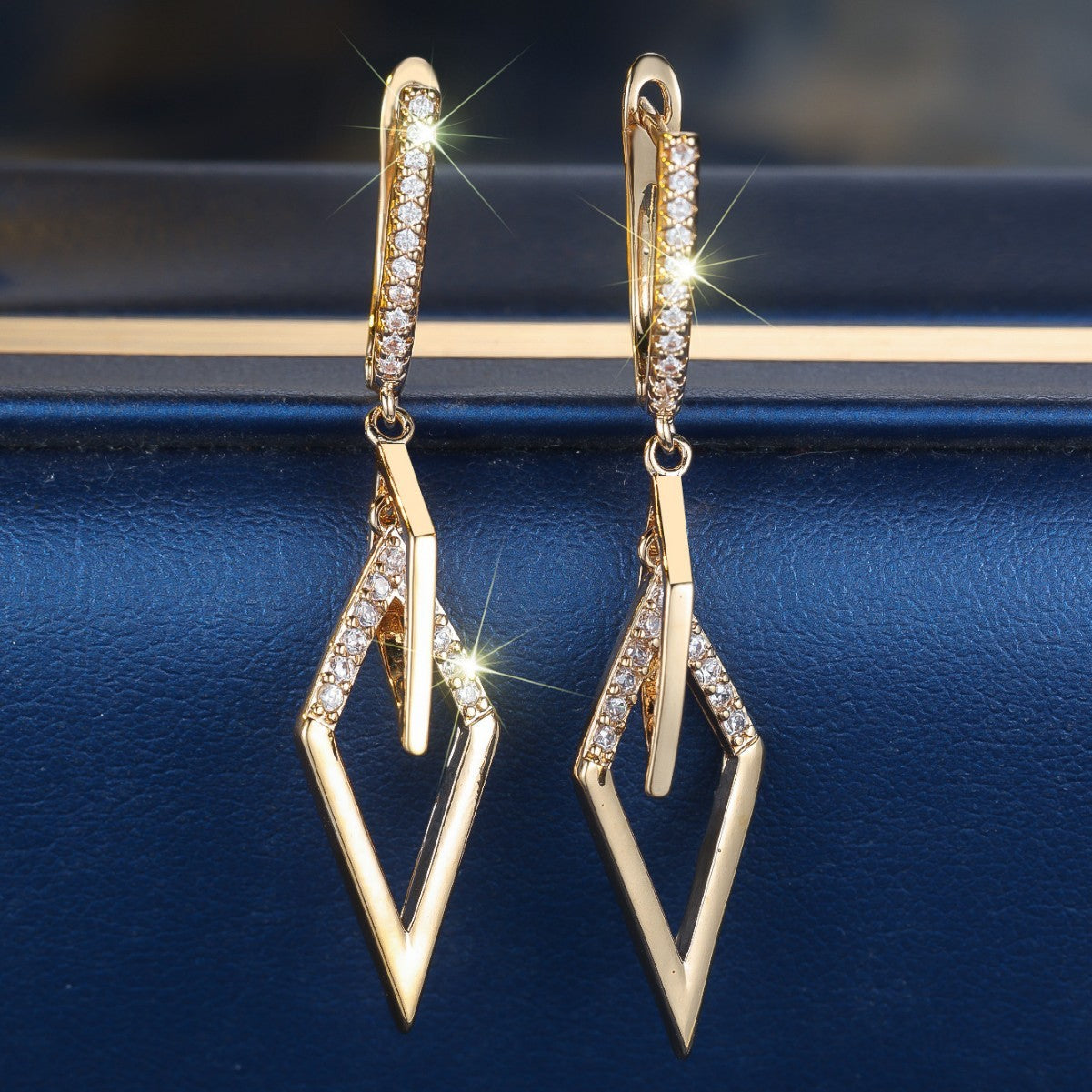 Champagne Gold White Diamond Rhombus Earrings