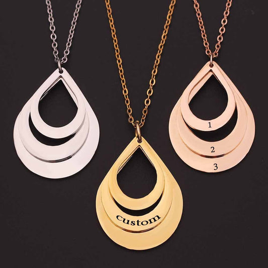 Personalized Family Necklaces Customized Engraved 3 Names Water Drop Pendant