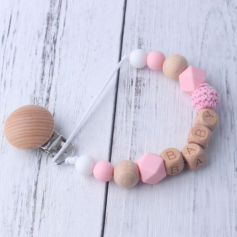 Wood Silicone Beads Pacifier Clip for Baby