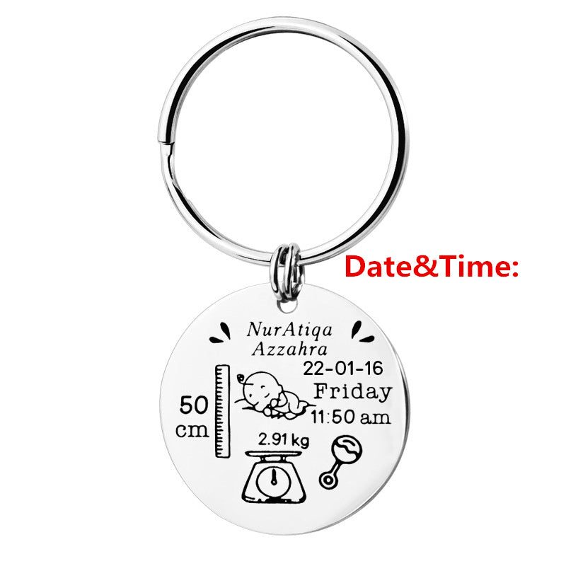 Stainless Steel Round Key Baby Birth Keychain