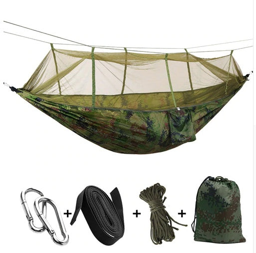 Outdoor Parachute Cloth Hammock Couble with Mosquito Net Light Portable Army Green Insect-proof Camping Aerial Tent