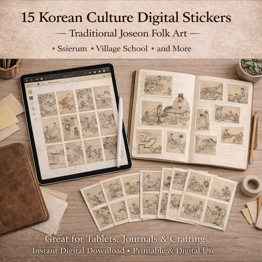 15 Korean Culture Digital Stickers, Joseon Folk Painting Set, Kim Hong-do Traditional(PNG)