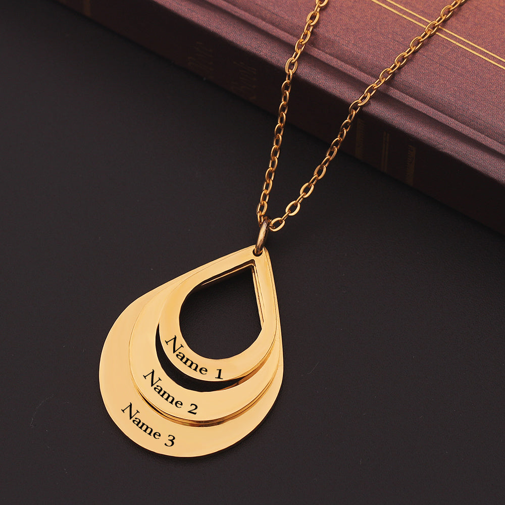 Personalized Family Necklaces Customized Engraved 3 Names Water Drop Pendant