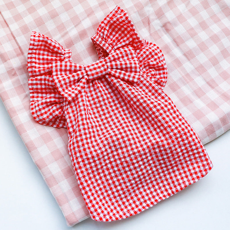Pet Clothes Red Check Bowknot