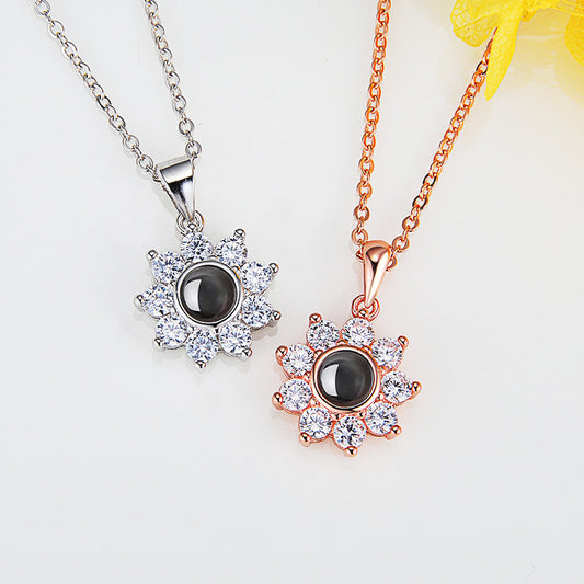 Custom Photo Name Projection Necklace Rose Gold Silver Color Clavicle Chain Personalized Sun Flower Shaped Pendant Jewelry