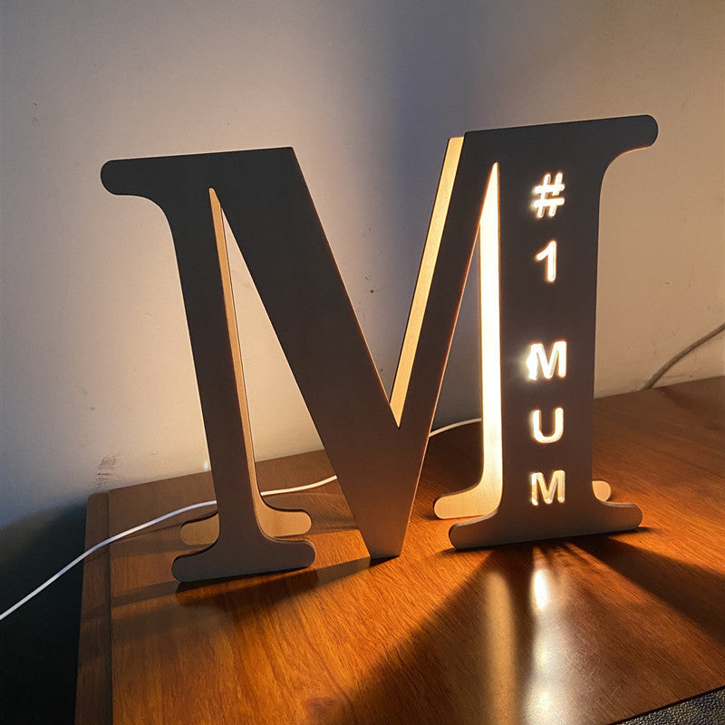 Custom Wooden Engraved USB LED Night Light 24 Letter Bedroom Home Decoration Birthday Gift for Friend Decorative Wall Lamp