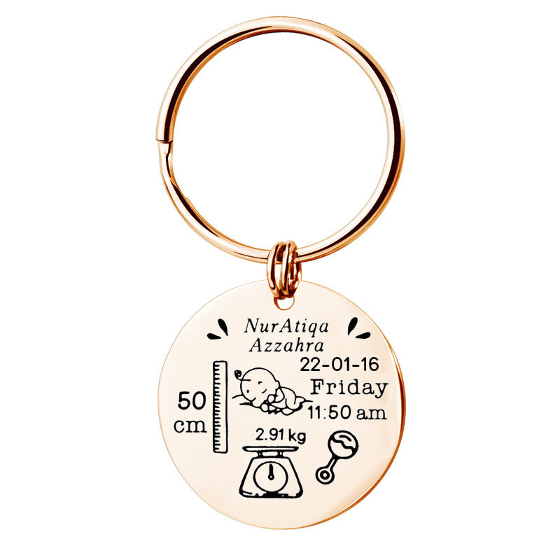 Stainless Steel Round Key Baby Birth Keychain