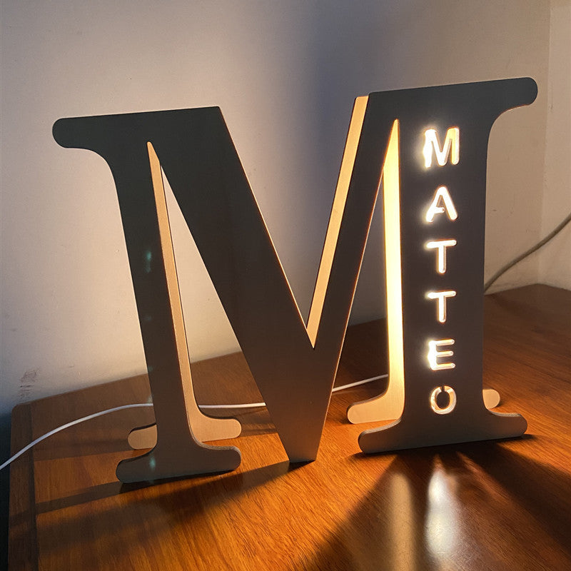 Custom Wooden Engraved USB LED Night Light 24 Letter Bedroom Home Decoration Birthday Gift for Friend Decorative Wall Lamp