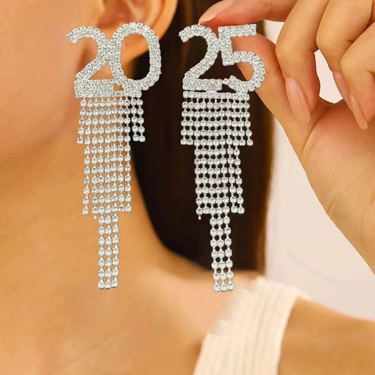 2025 Digital Rhinestone Letter Earrings For New Year Pendant Earrings Women's Festival Copper Inlaid Rhinestone Fashion Earrings Party Gift