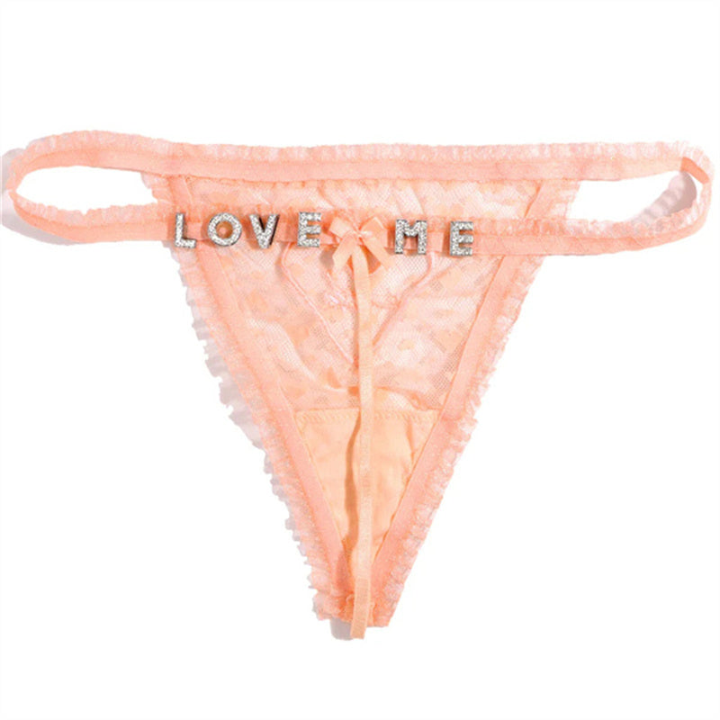 Lace See-through Mesh Rhinestone English Letter Thongs