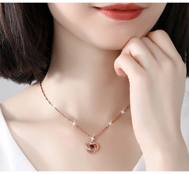 S925 Silver Romantic Colorful Photo Projection Necklace Heart Shaped Pendant Necklace