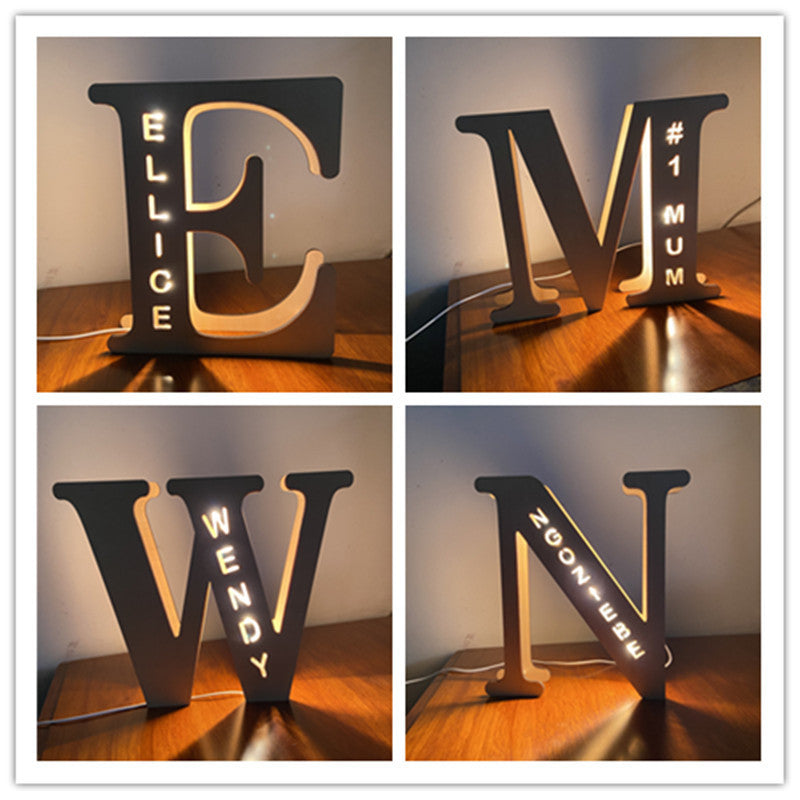 Custom Wooden Engraved USB LED Night Light 24 Letter Bedroom Home Decoration Birthday Gift for Friend Decorative Wall Lamp