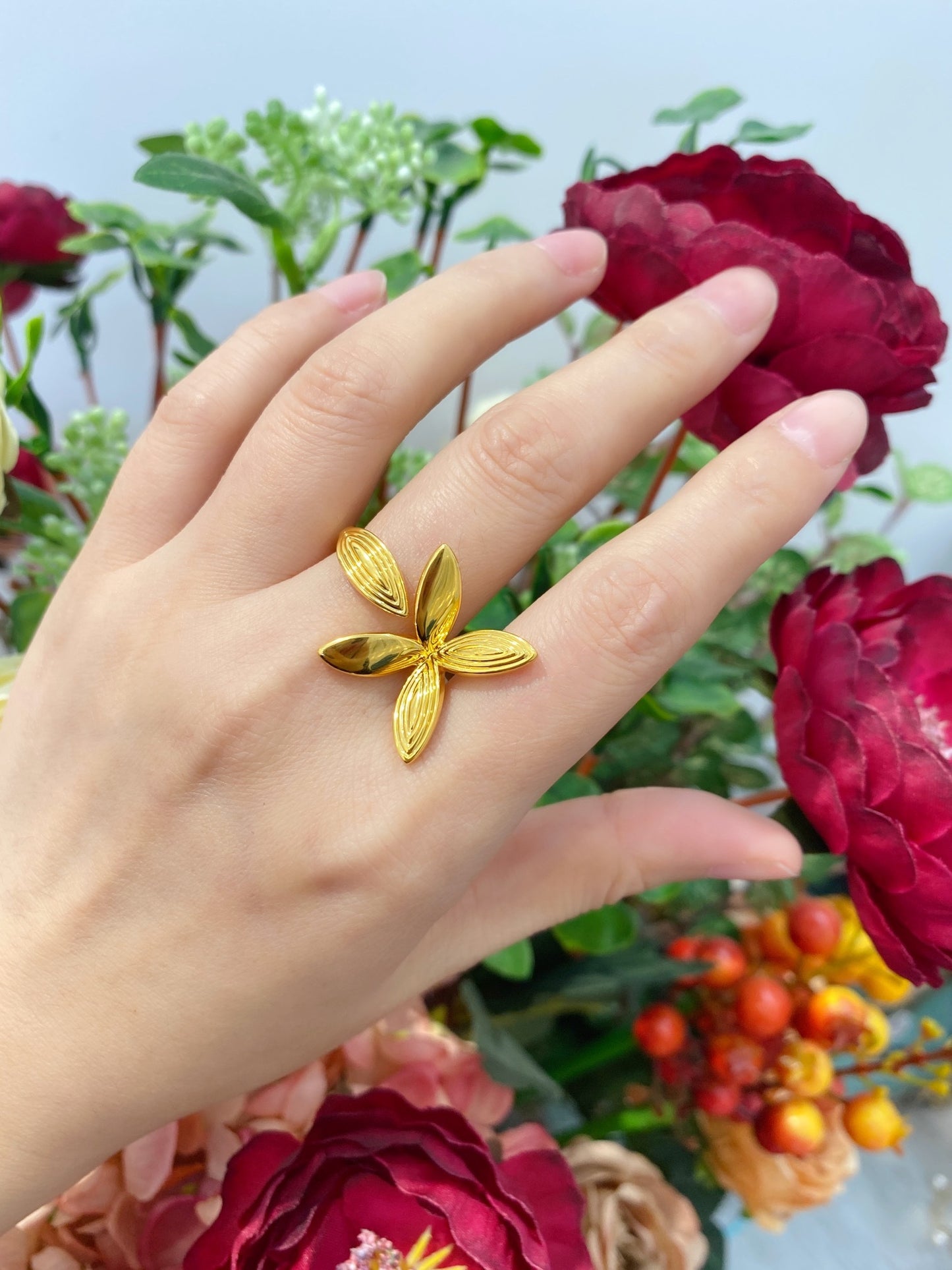 Pure Gold Foot 999 Gold Butterfly Flower Ring Weighs