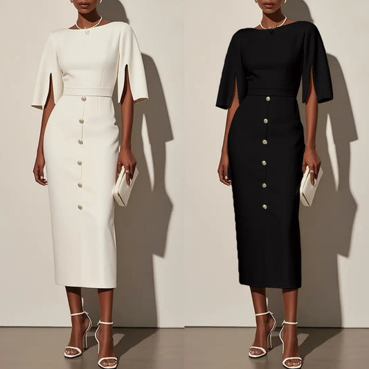 Solid-Color Crew-Neck Defined-Waist Dress