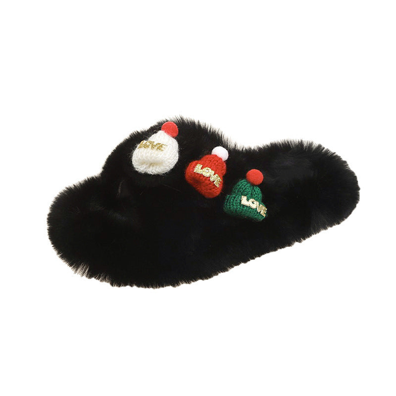 Christmas Hat Fluffy Slippers Women's Warm Toe Covering Cotton Slippers