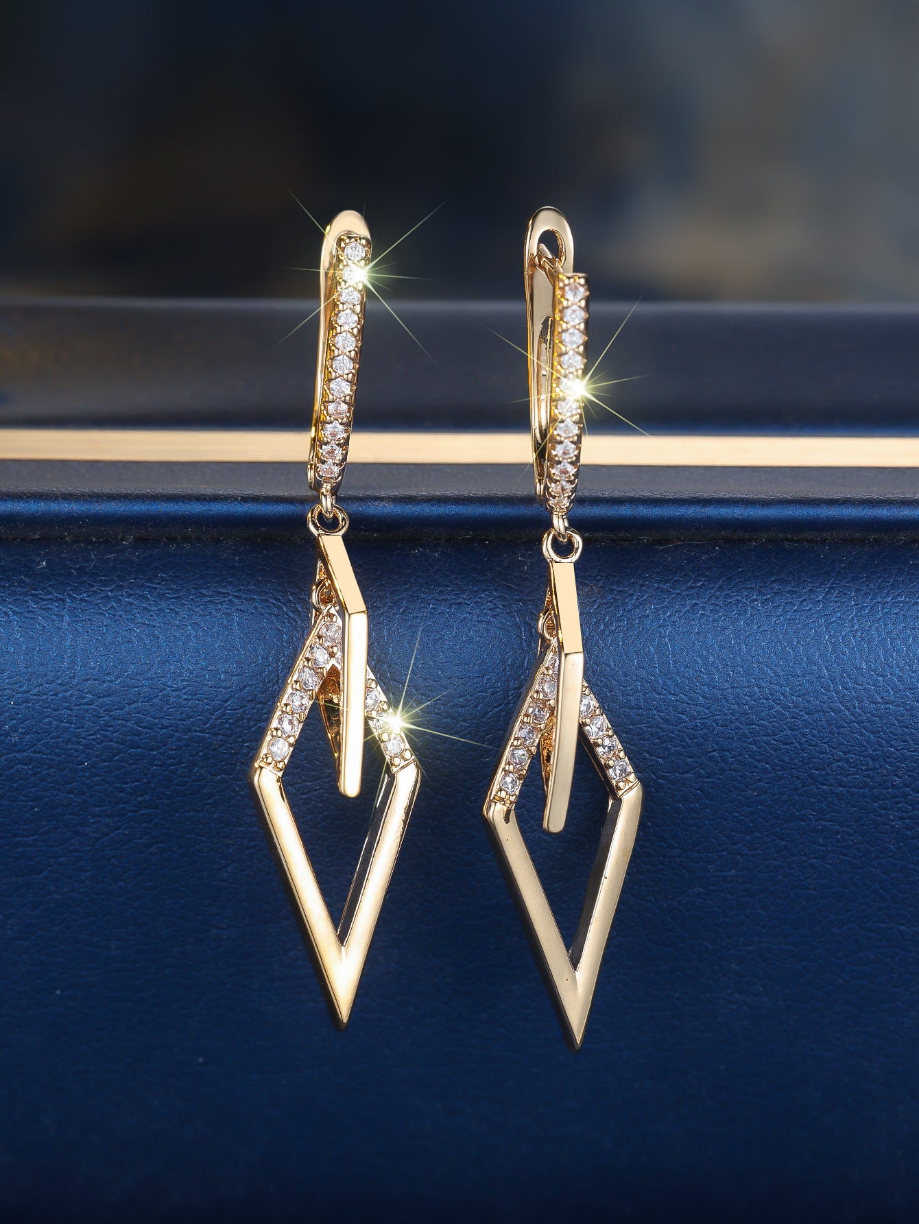 Champagne Gold White Diamond Rhombus Earrings