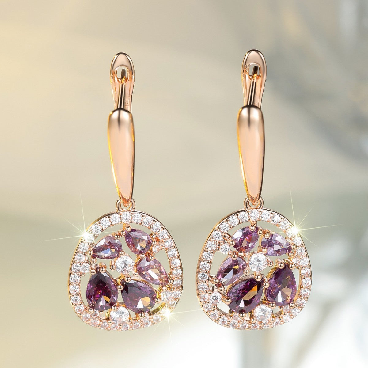 Imitation Champagne Gold Water Drop Egg-shaped Purple Earrings