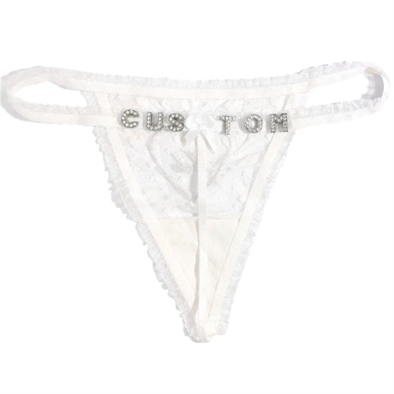 Lace See-through Mesh Rhinestone English Letter Thongs