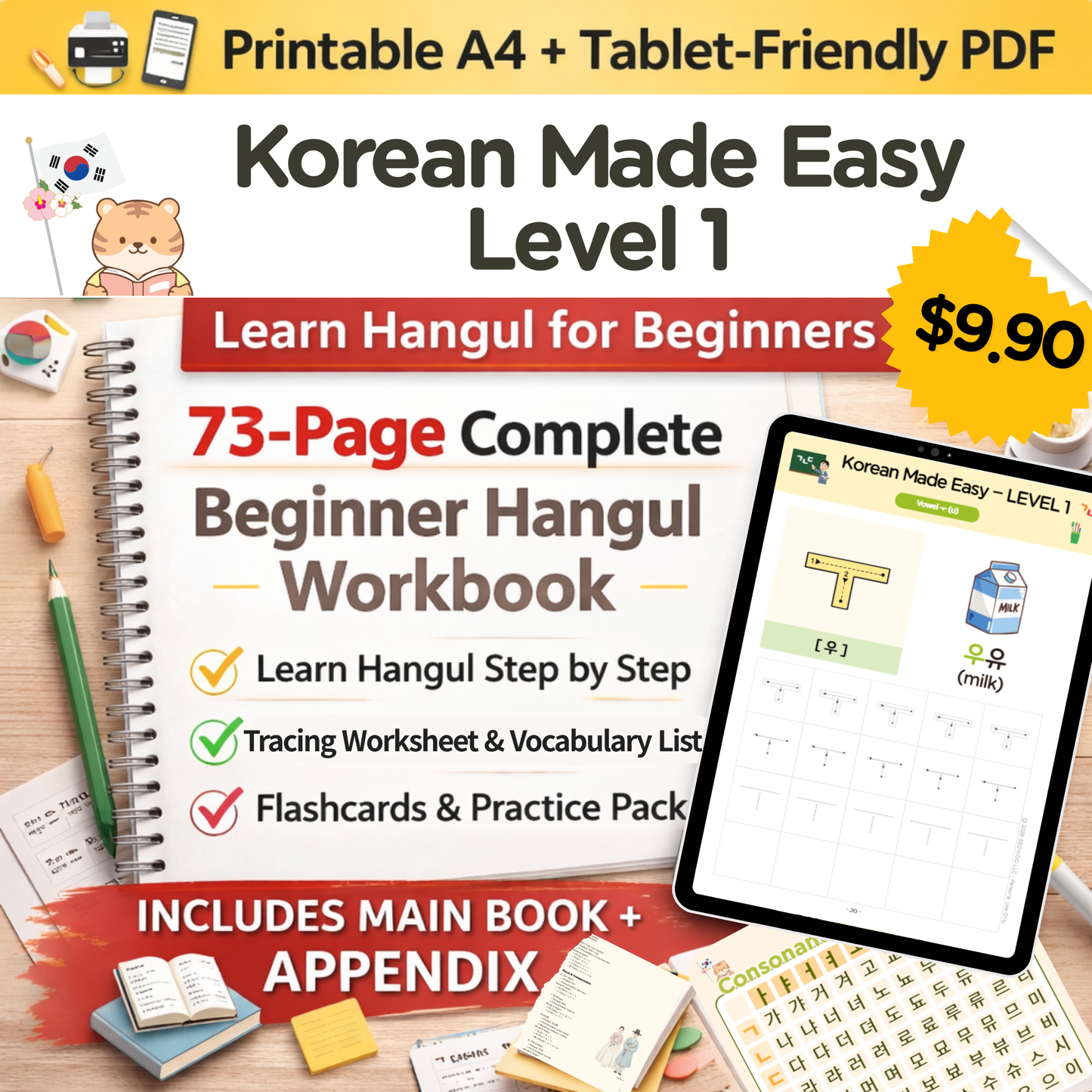 Hangul Korean Made Easy Level 1 | Beginner Learning (A4/Tablet PDF)