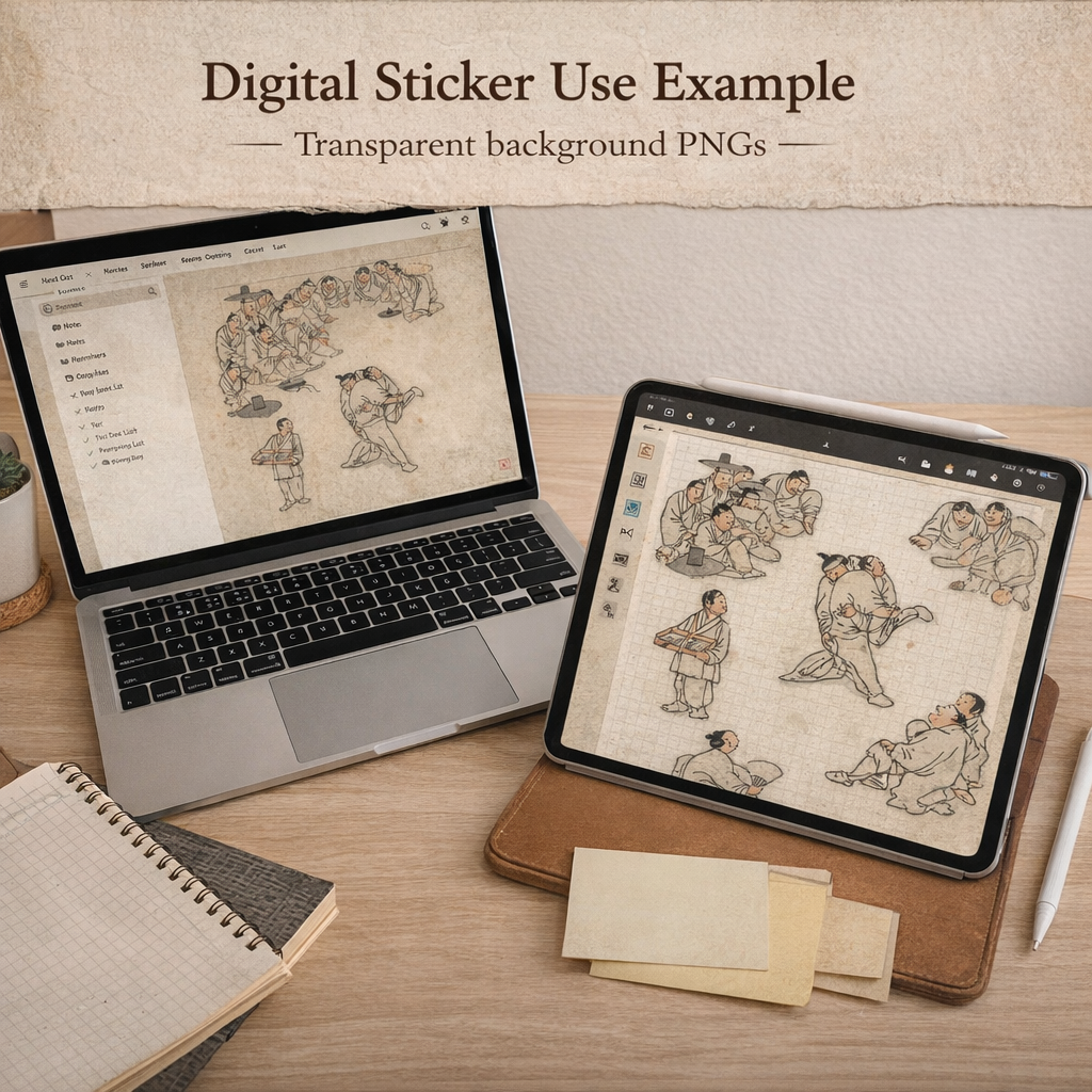 15 Korean Culture Digital Stickers, Joseon Folk Painting Set, Kim Hong-do Traditional(PNG)