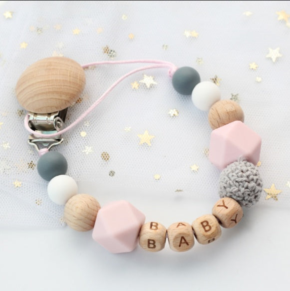 Wood Silicone Beads Pacifier Clip for Baby