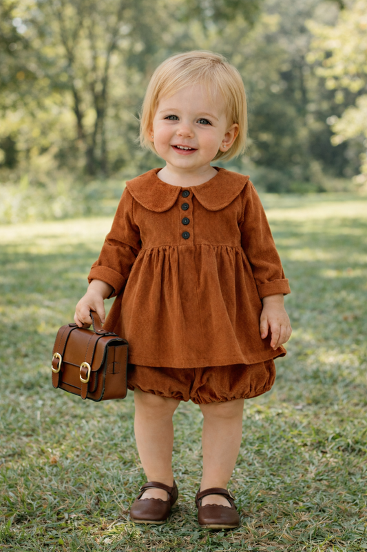 Baby Girl Corduroy 2-Piece Set – Collar Top & Bloomer Shorts