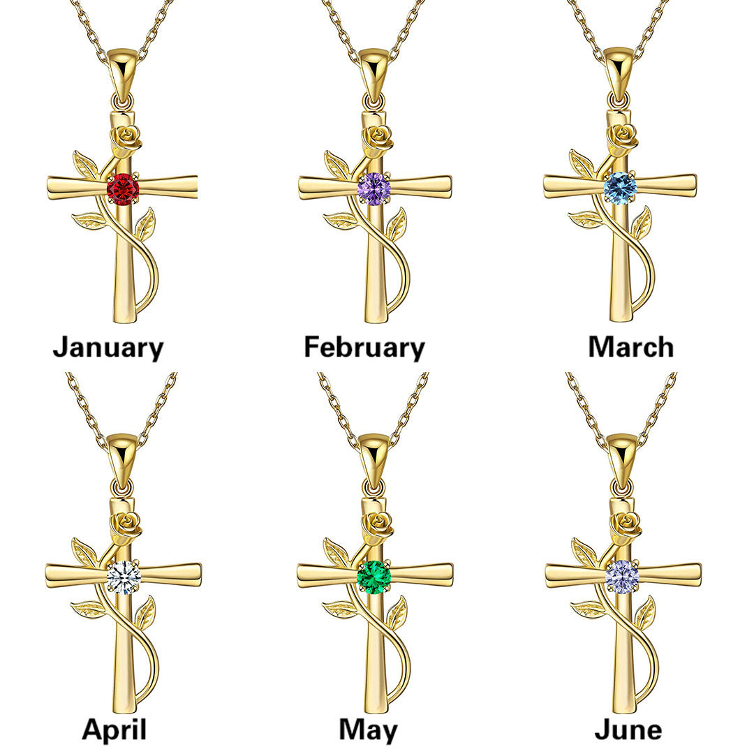 Rose Cross Necklace With Rhinestone Fashion Personality 12 Month Birthstones Pendant Necklace For Valentine's Day Birthday Gift