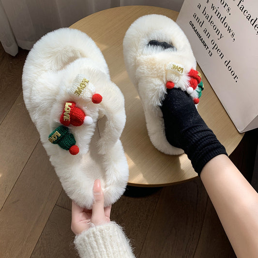 Christmas Hat Fluffy Slippers Women's Warm Toe Covering Cotton Slippers