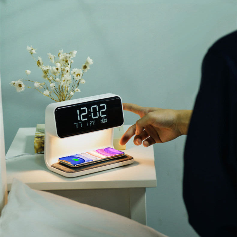 Creative 3 In 1 Bedside Lamp Wireless Charging LCD Screen Alarm Clock  Wireless Phone Charger