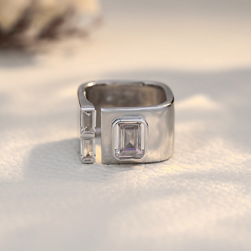 Design Sterling Silver Women's Open Square Zircon Ring